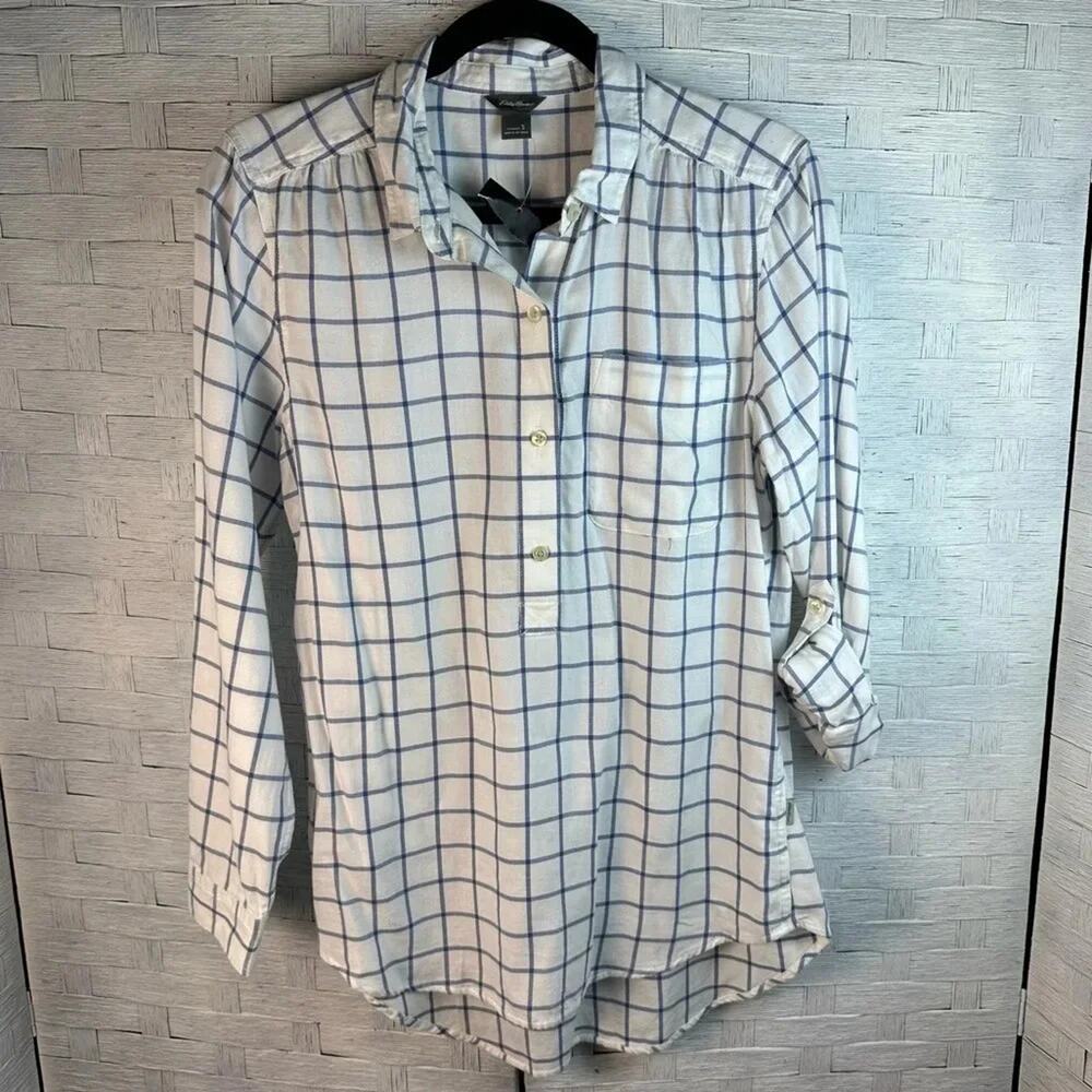 Eddie Bauer Womens Blouse 1/4 button Popover roll tab sleeve plaid Feminine